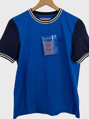Acne NWT Royal Blue Navy Contrast Trim Logo Short Sleeve Tee Size Medium